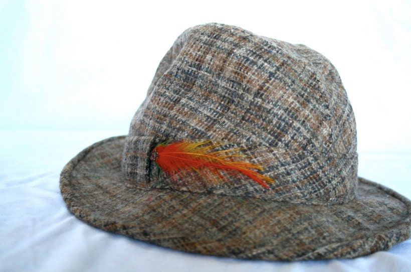 VTG tweed men's fedora with a feather