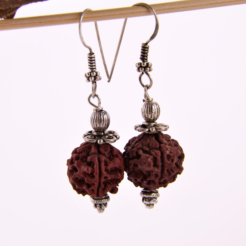 RUDRAKSHA HANDMADE EARINGS dark brown natural seed gift with meaning organic natural earthy jewelry ethnic dangle style