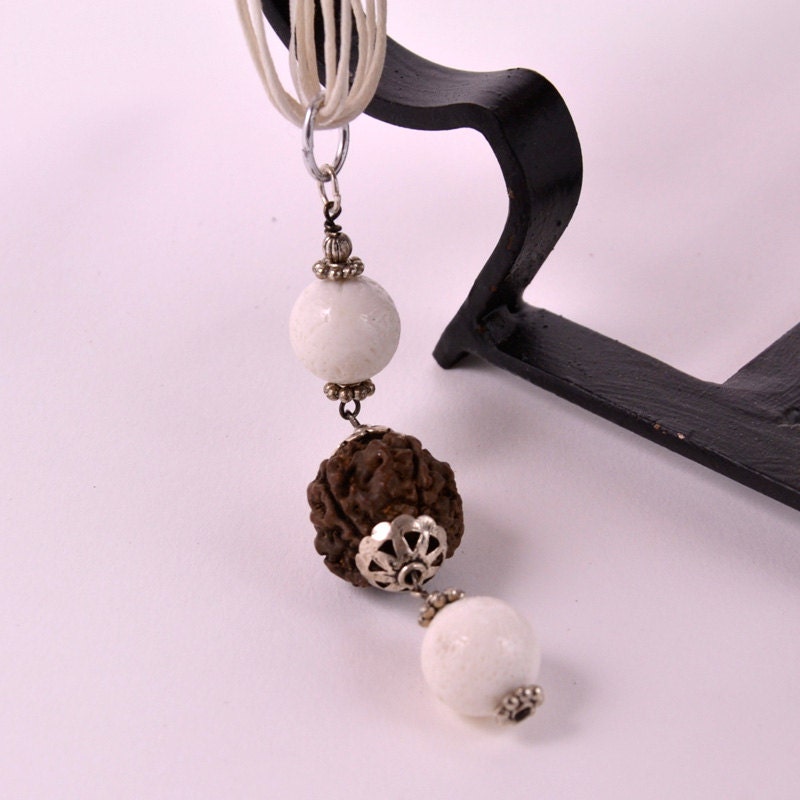 White CORAL and RUDRAKSHA HANDMADE necklace warm brown pendant gift with meaning organic natural earthy jewelry simple ethnic style