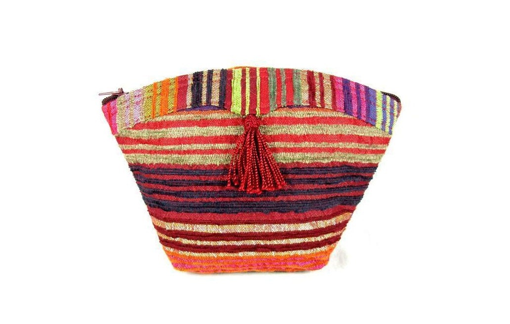 Fabric Purse Clutch Pouch Cosmetic Makeup Bag Silk Striped Red Orange Purple Green Pink