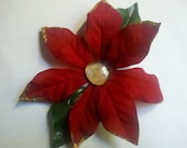 Holiday Flower Magnet: Red Silk Christmas Poinsettia Flower with Glittery Gold Details and Dimensional Center