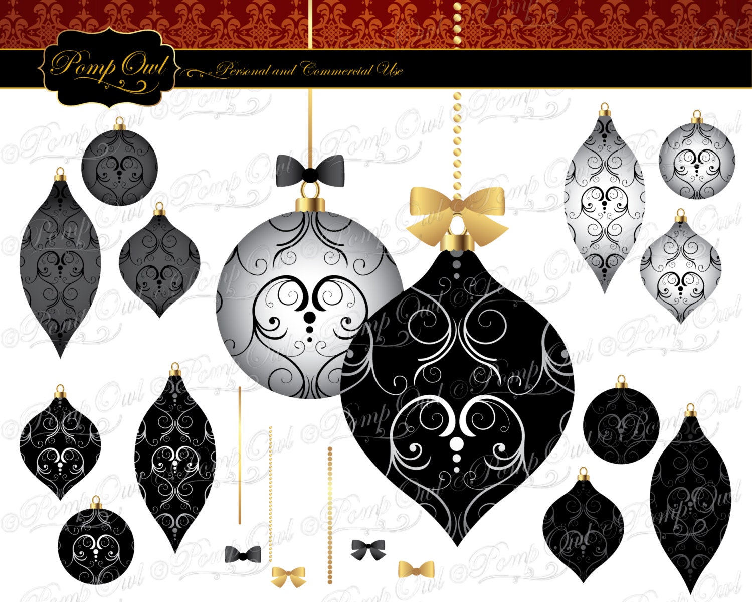 Digital Clipart Fancy Damask Christmas tree ornaments by PompOwl