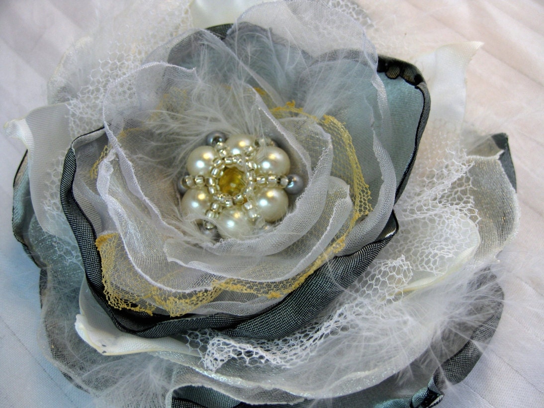fabric flower hair clip brooch with pearly beads