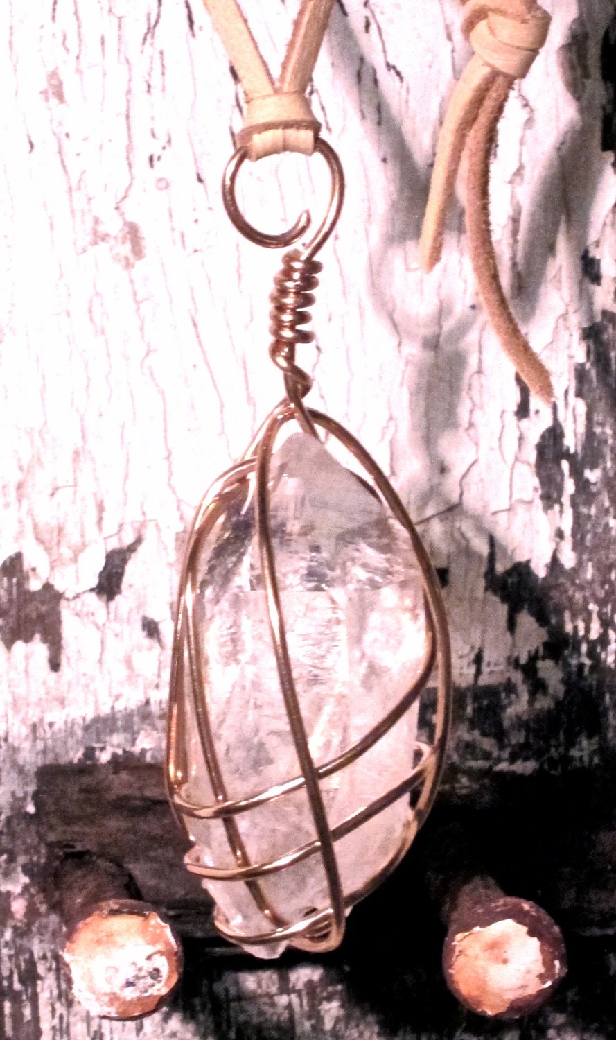 Hand-wrapped Clear Quartz Crystal Pendant with Deerskin Leather and Brass