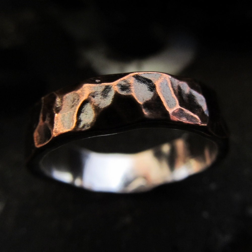 Mens textured copper silver rustic steampunk industrial hammered wedding band gift  ring  design 04