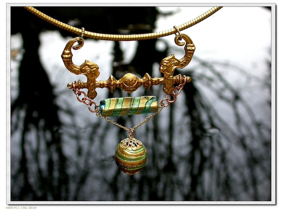 One of kind necklace antique 19th century gilt solid bronze vintage murano beads necklace gold leaf green blue glass beads hand forged