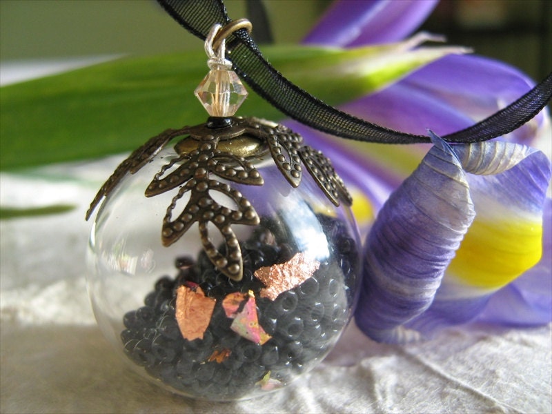 Hand Blown Glass Bead with Tiny Black Seed Beads and Gold Leaf on a Black Organza Ribbon, Party Jewelry