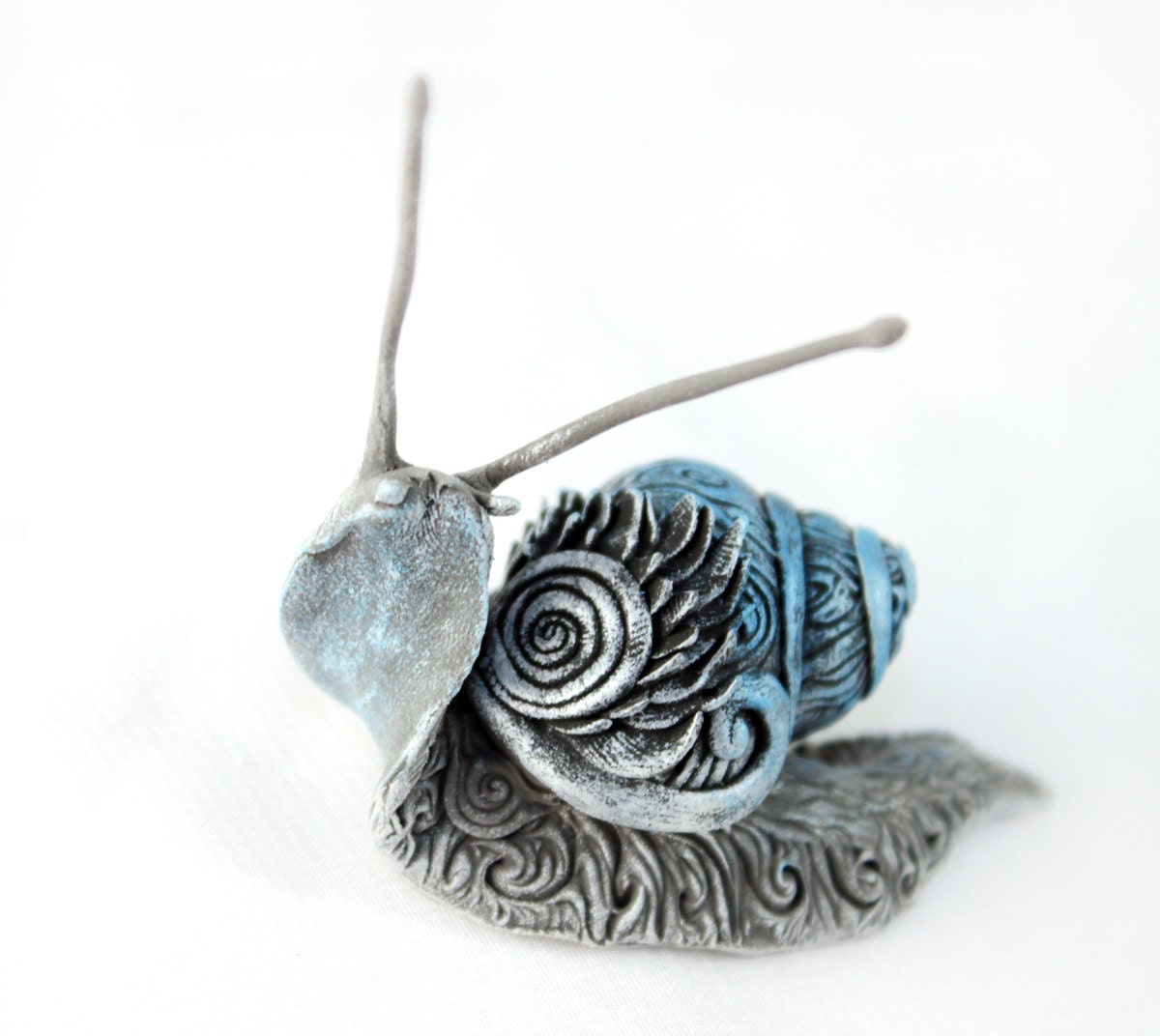 Snail silver totem, clay figurine, ornamental miniature, gray, stylized metal, original gift handmade