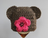 Brown Bear Hat, Newborn Photography Photo Prop, Infant Girl Boy Beanie, Pink Flower. Bear Hat, Photo Prop, Crochet Knit Animal Cap, Button
