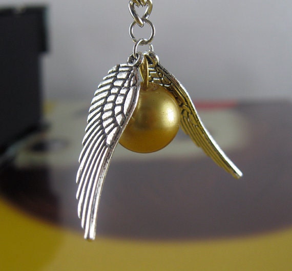 Golden Snitch Necklace,Harry Potter Keepsake Ornate Steampunk Flying in Silver double wings Golden Snitch Pendant