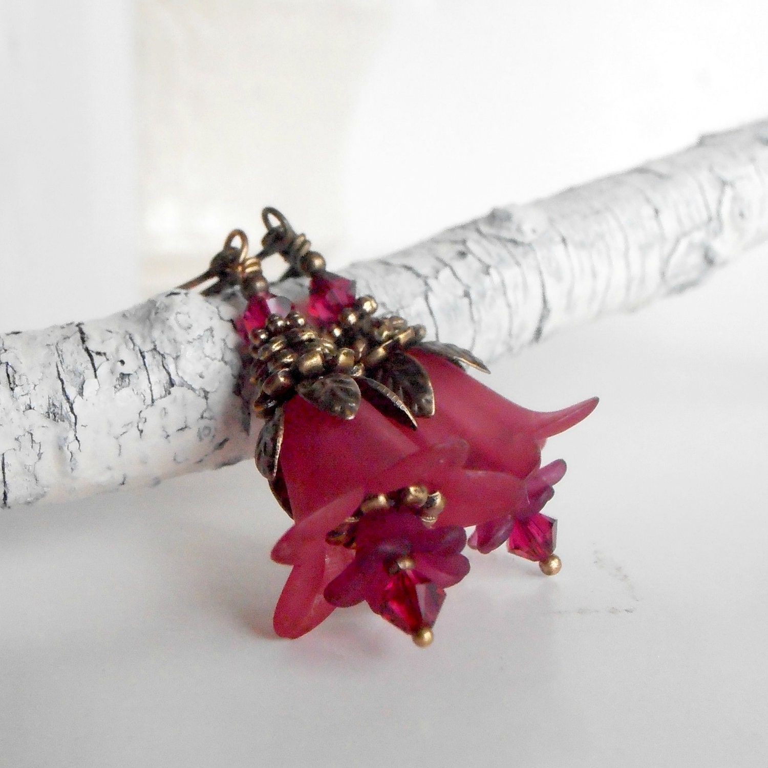 Beaded Jewelry Dark Pink Dangle Earrings Wine Color Lucite Flower Swarovski Crystals Vintage Style Antiqued Bronze Beaded Earrings Handmade