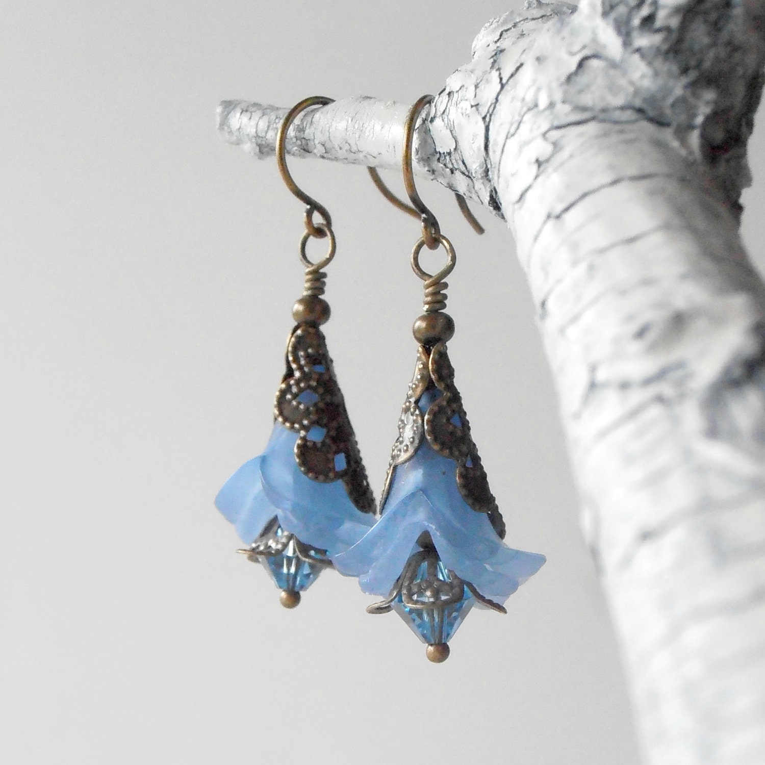 Light Blue Earrings Lucite Flower and Swarovski Crystal Dangles Vintage Style Antiqued Bronze Beaded Earrings Romantic Jewelry Handmade