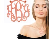 Monogram Necklace 1 '' Inch 18k Rose Red Gold Plated On Brass Three Initials Personalized 3 Letters Monogrammed Pendant Cut Out 2 Loops