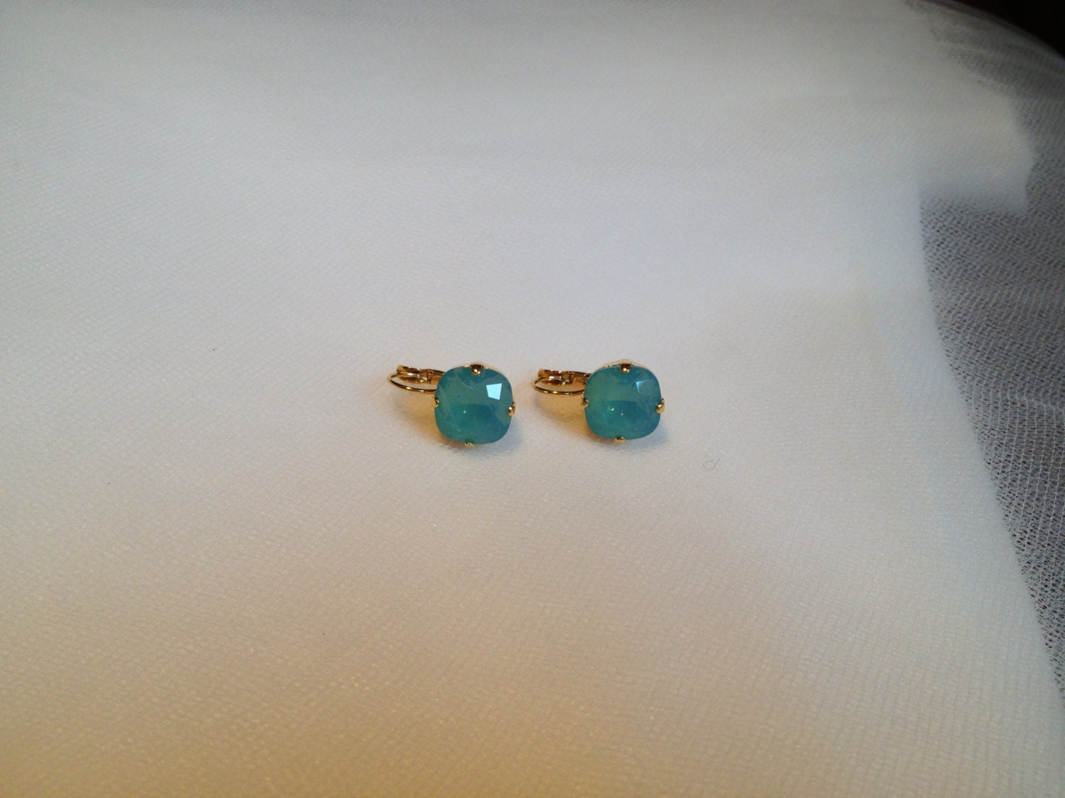 Pacific Opal Swarovski crystal 12mm Cushion cut 4470 Gold Plate Leverback Dangle Drop Earrings Golf earrings