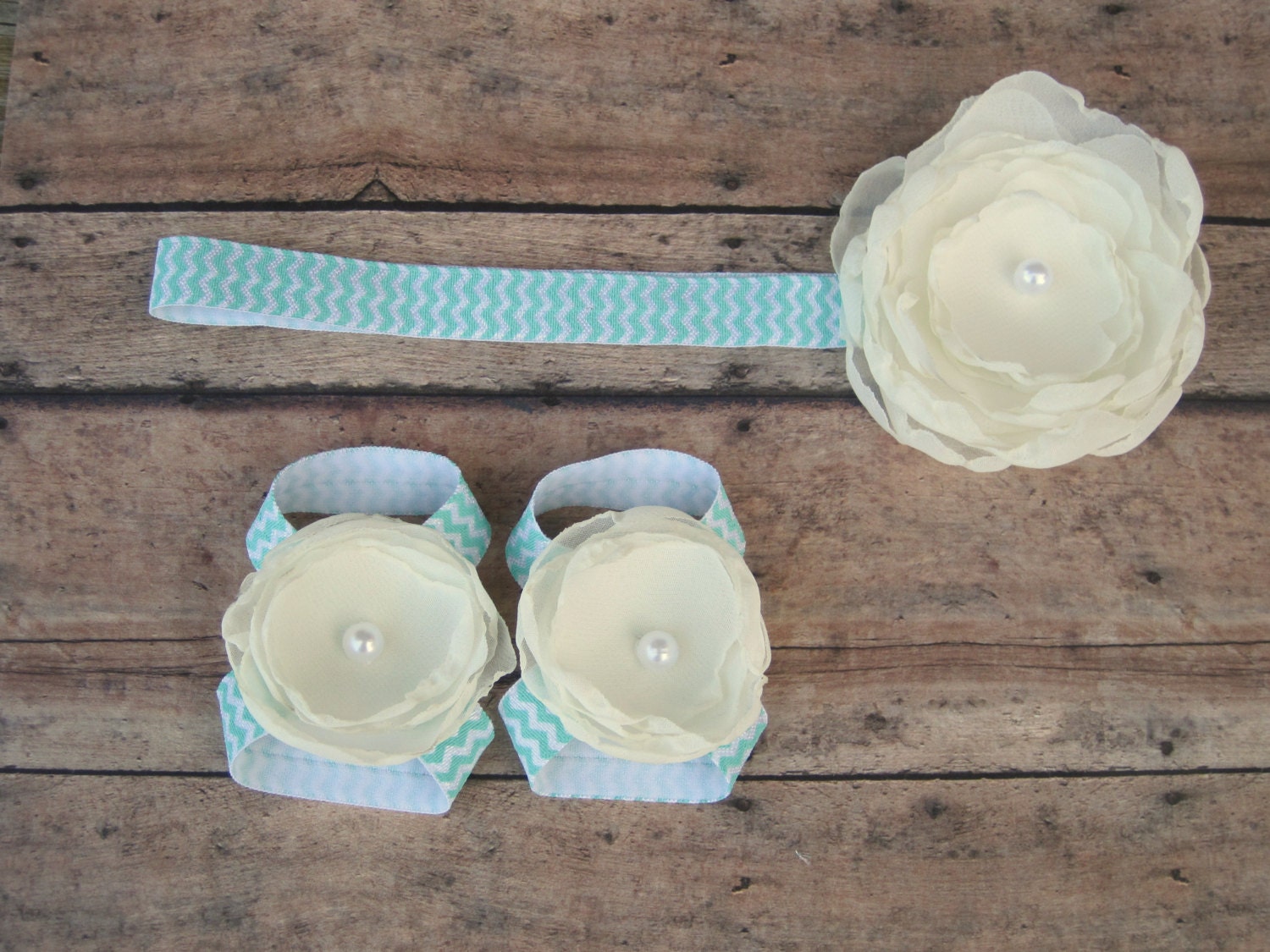 Aqua and White Chevron with Ivory Flower Headband/Barefoot Sandal Set