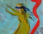 Origninal Art 10x12" Expressionist Acrylic Canvas Modern Contemporary Girl Searching Blindfold Blue Red Yellow Dress - MelindaCheneyArt