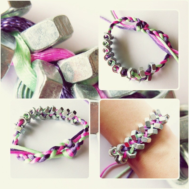 Metal Bolt Nut Beads with nylon colored thread Bracelet Handmade, Cuff, Jewelry Thailand.  JBS8008