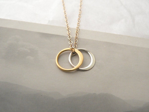 tiny gold and silver circle crescent necklace - sun and moon - geometric minimalist jewelry