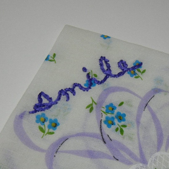 Hand Embroidered Handkerchief -- SMILE Script Embroidery on Floral Hankie