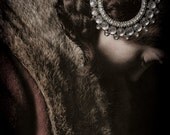 Layered Down - FREE SHIPPING - Print Girl Braids Fur Rhinestones Shadows Dark Jeweled Hair Brown Orange Princess Vintage Antique Portrait