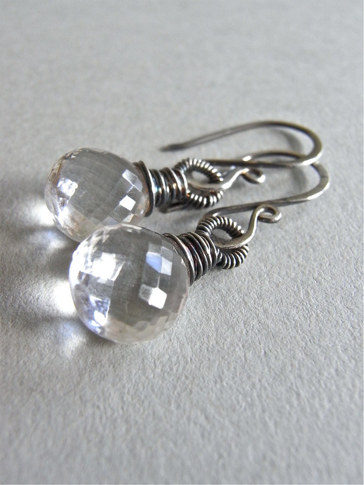 Earrings - sterling silver, oxidised, rock crystal quartz, gemstone, teardrop - Leda