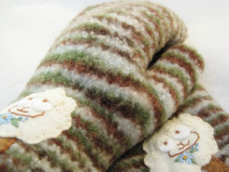 Felted Wool Mittens with Appliqued and Embroidered Sheep