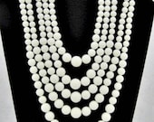 Multi Strand Vintage Necklace - 5 Strands of White Plastic Beads - Summer Wedding Bridal Vintage Jewelry