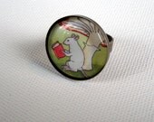 Rat Reading Under a Mushroom - Unique Animal Art Adjustable Metal Ring