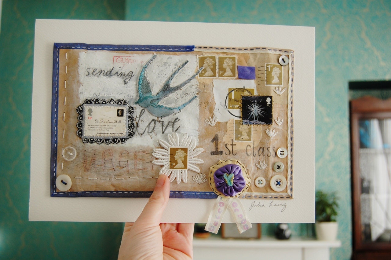 Mixed Media ready to frame mail-art embroidered envelope 'Sending Love First Class'