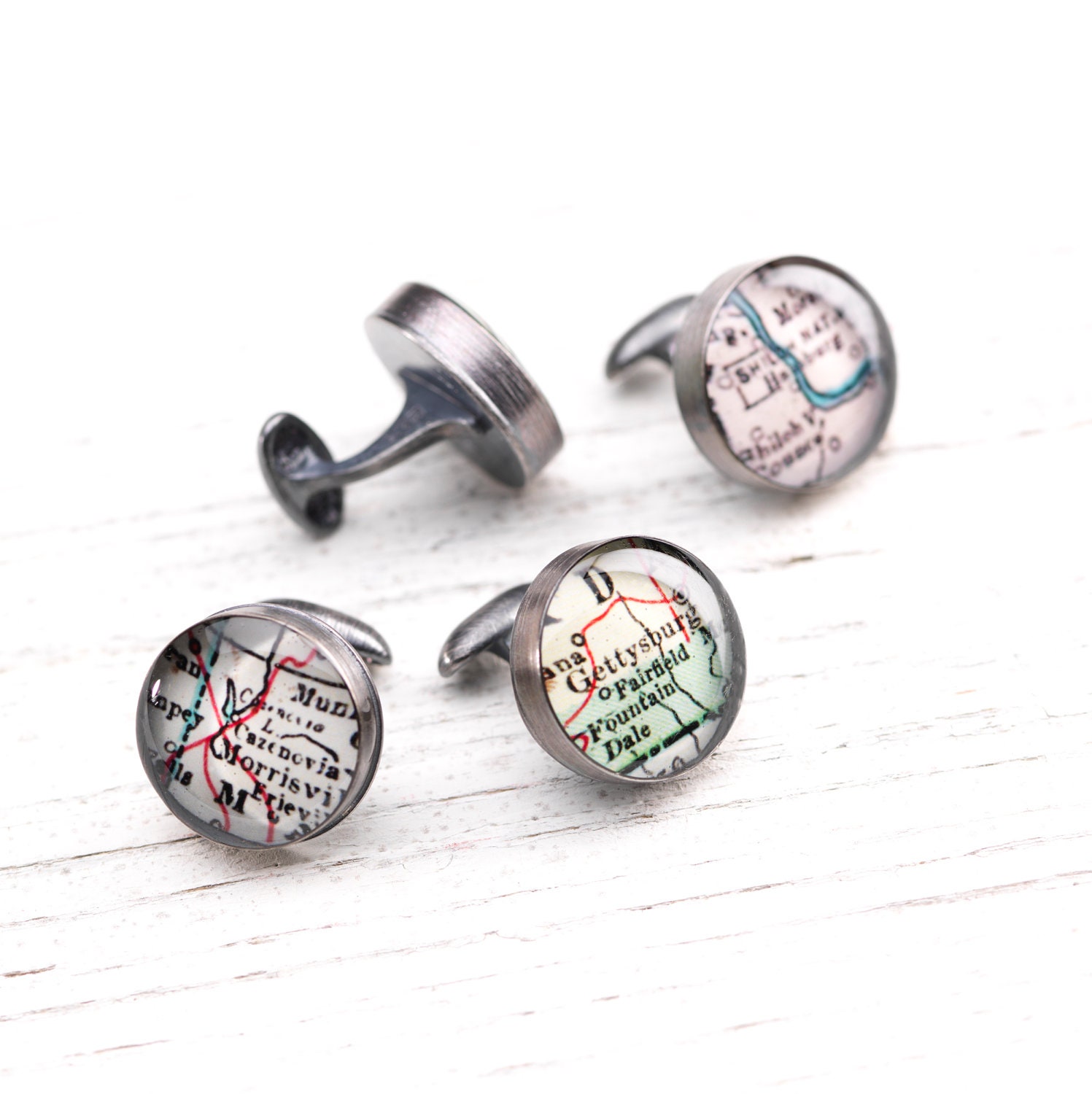 CUSTOM Cufflinks - Antique Map Recycled Solid Sterling Silver Cufflinks
