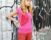 M,L - SALE TEE - Limited sizes - Yoga tshirt, silkscreen pink shirt with paisley design, cap sleeve, for women