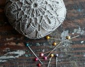 Linen  pincushion - crochet motif -- natural