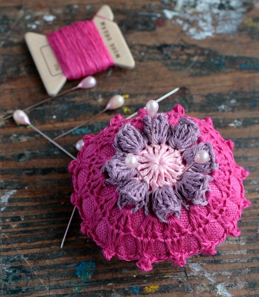 Linen  pincushion - crochet motif