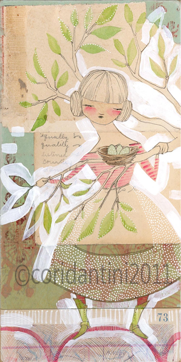 whimsical watercolor portrait of a girl looking at a birds next - 5 x 10 - limited edition archival print - by cori dantini