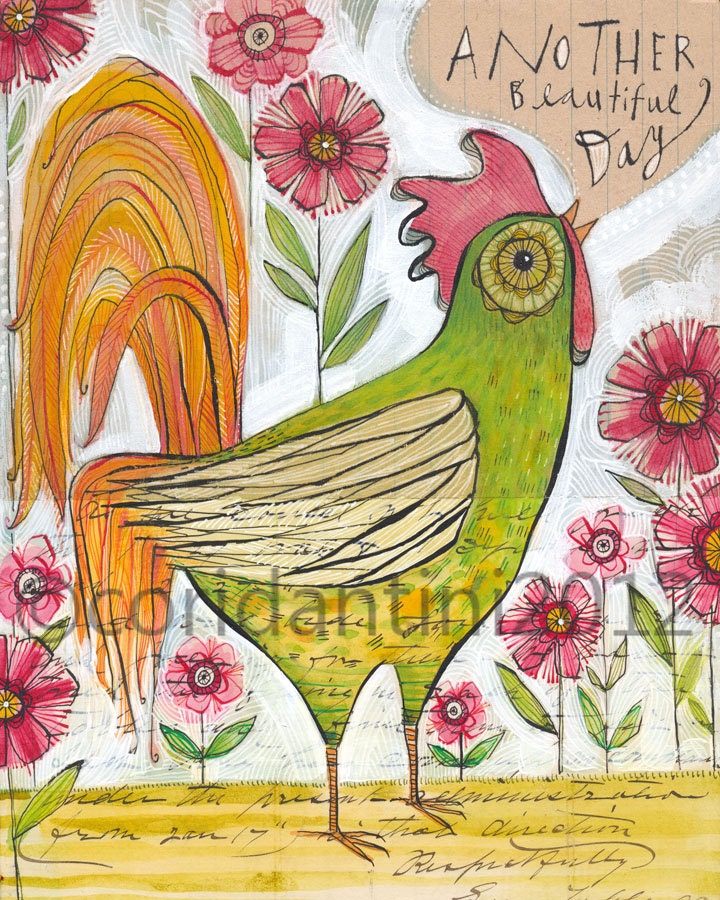 ORIGINAL mixed media watercolor painting of a rooster by cori dantini