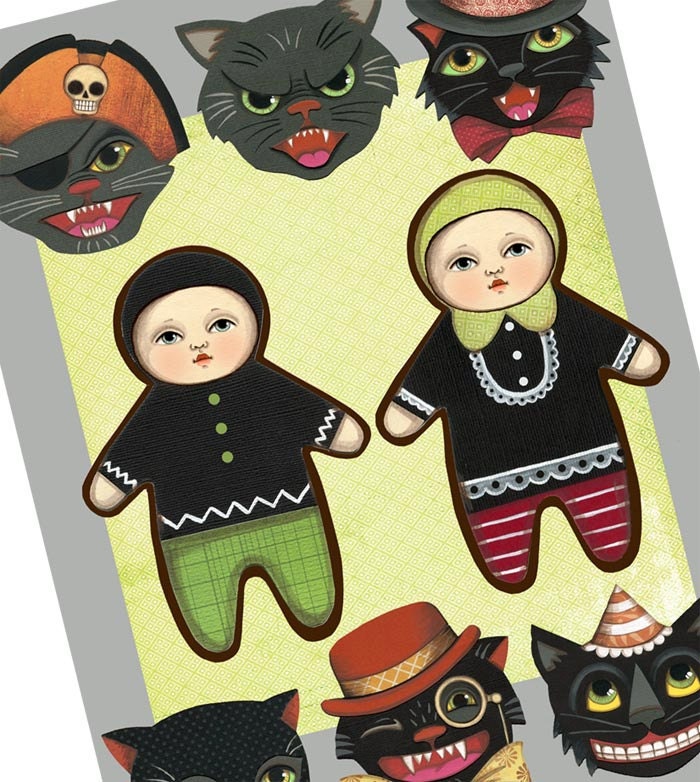 Halloween Black Cat Paper Doll Ornaments Decoration Garland Bunting Original Folk Art DIY