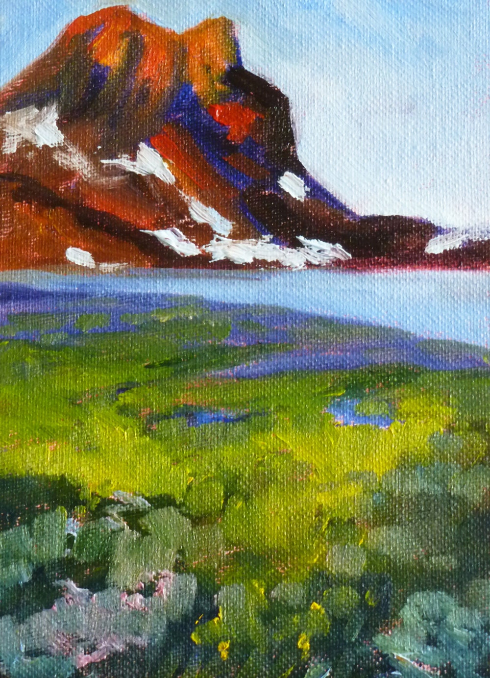 Landscape Oil Painting, Mountain Sunrise, 5x7 on Canvas, Original Small Painting, Mountain Lake, Wall Decor
