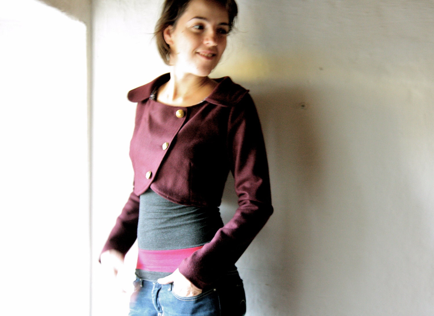 Womens Blazer Jacket - cropped bolero in burgundy wool red wool coat vintage style