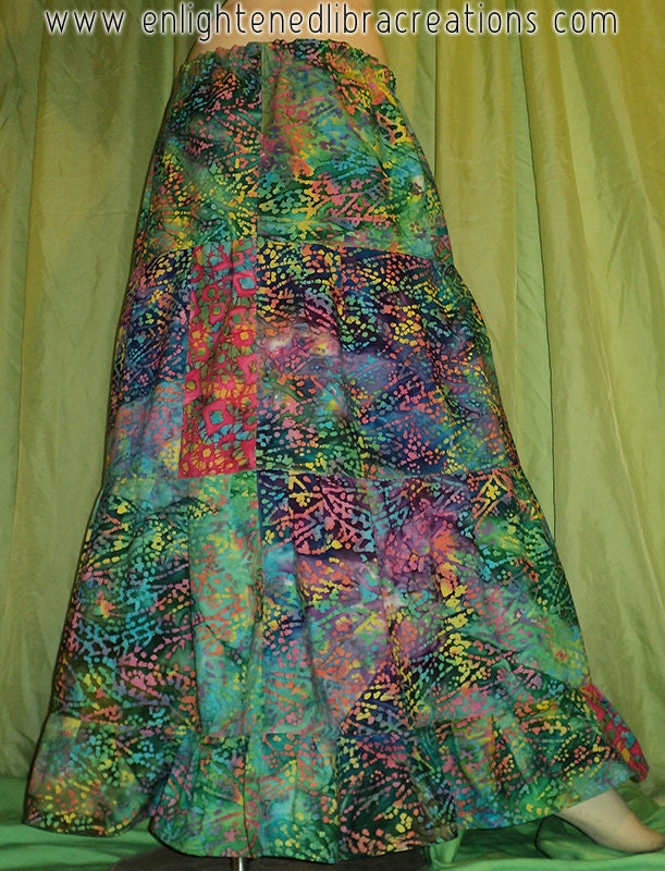 Long Hippie Patchwork Tiered Batik Skirt - One of a Kind - Ready to Ship Now - Gypsy Goa Festival Pixie Elf Long Skirt