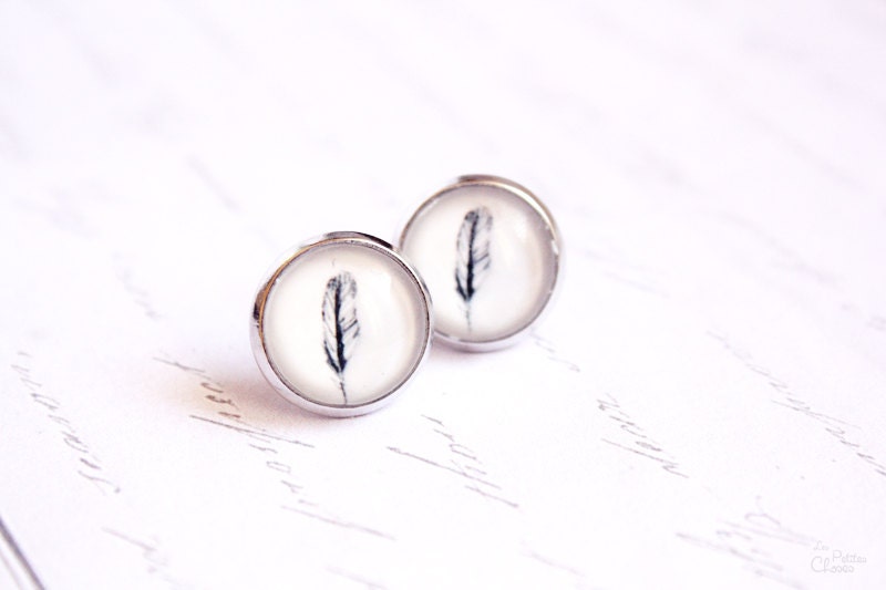 Feather Studs - Delicate Romantic Earrings - Black and White