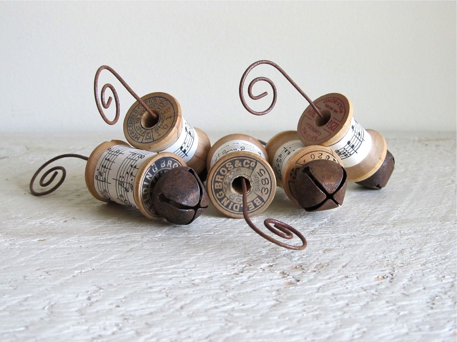 Vintage Spool Ornaments With Rusty Bells - Set of 5