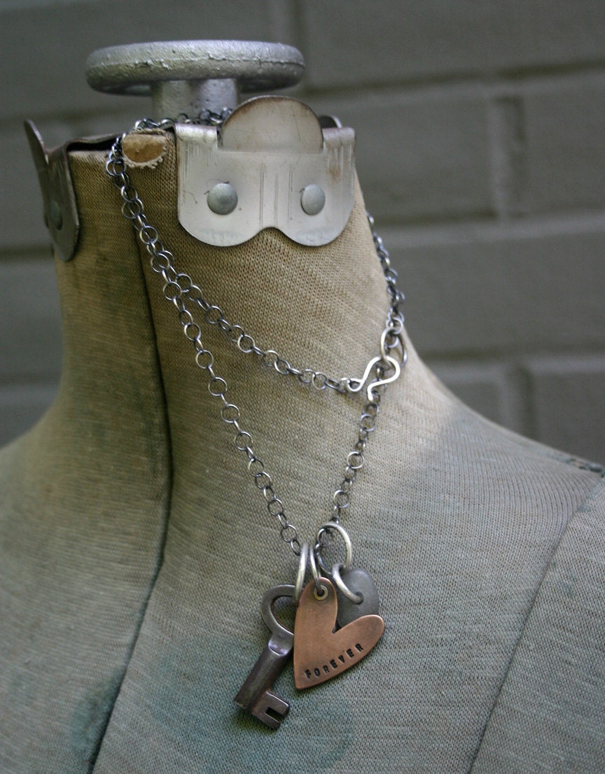 Charm Heart Necklace Silver Vintage Key Copper -  Forever Yours