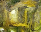 Abstract painting, original fine art, woodland landscape, golden green 16 x 20 inches