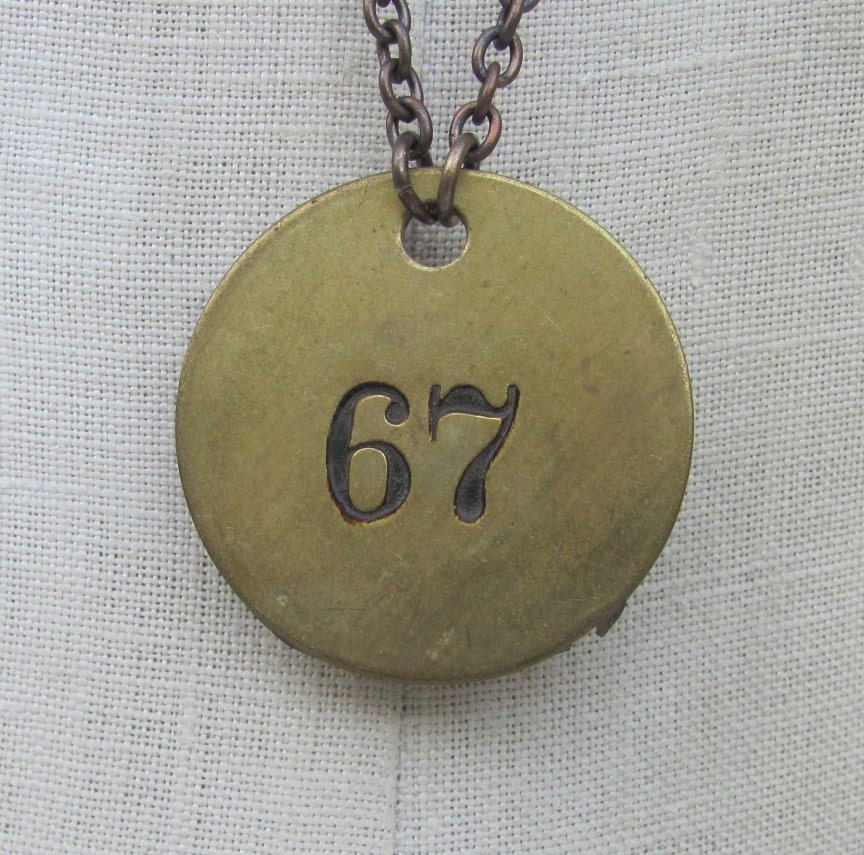 1pc. Vintage number tag Necklace metal brass found object wholesale  hipster steam punk dudes large pendant industrial 50 to 75 years k105