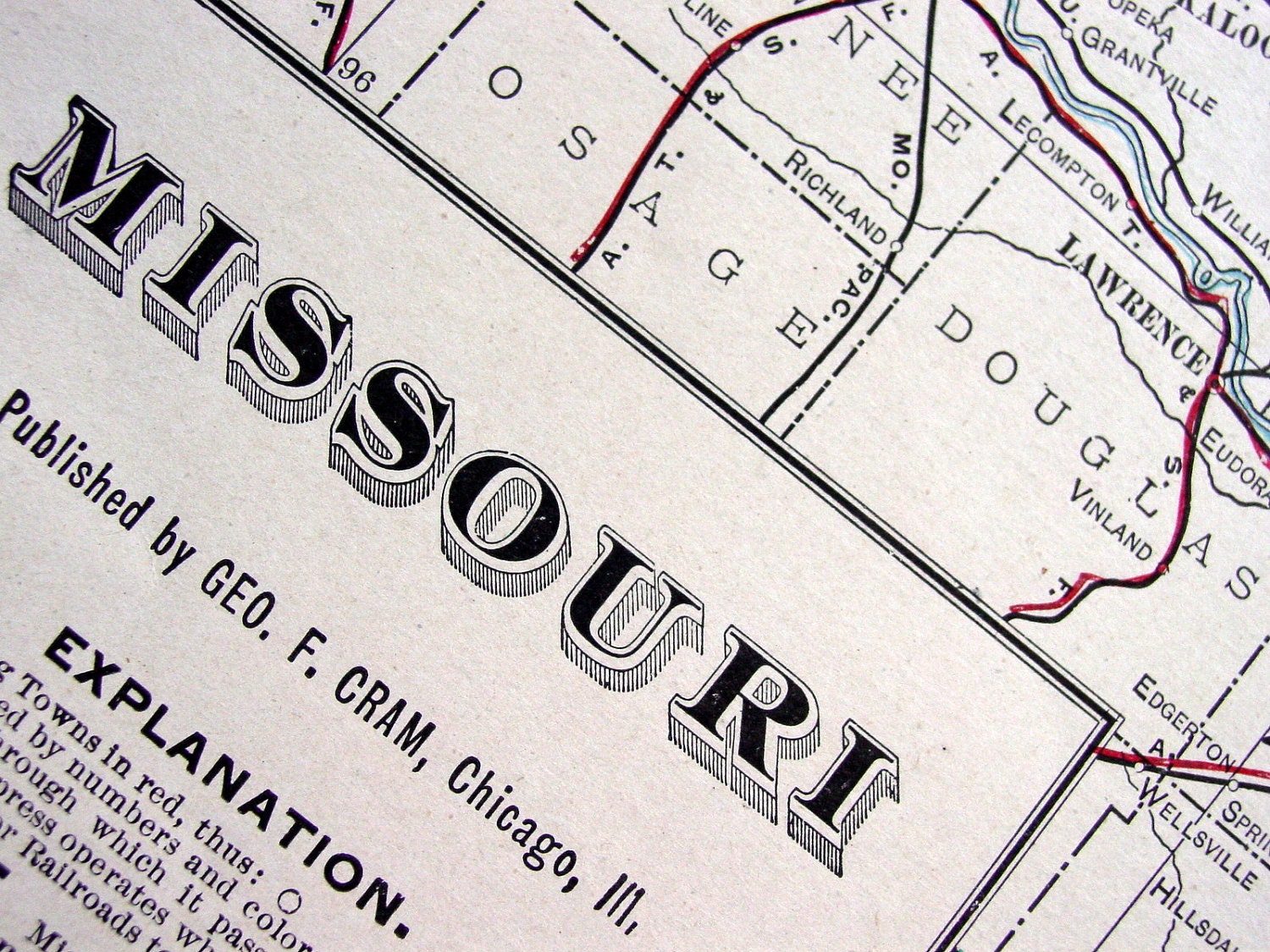 Large Antique Map of Missouri  1908  Crums Railroad System Atlas, 28 X 18.5 Inches