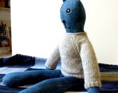 Denim Boy Bear With Inset Amber Eyes Wearing Knitted Oatmeal Jumper
