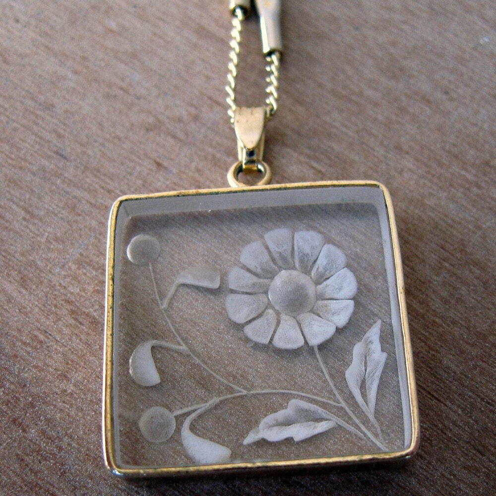 Vintage Flower Etched Lucite Square Necklace