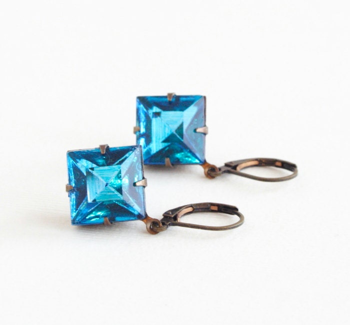 Teal Earrings, Jewel Earrings, Vintage Glass Jewel Earrings, Diamonds, Teal Jewelry, Drop Earrings