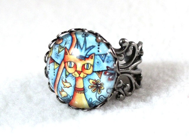 Cat Ring, Antique Silver Mexican Style Art Ring, Filigree Cocktail Ring Jewelry, Original Art Print, Blue