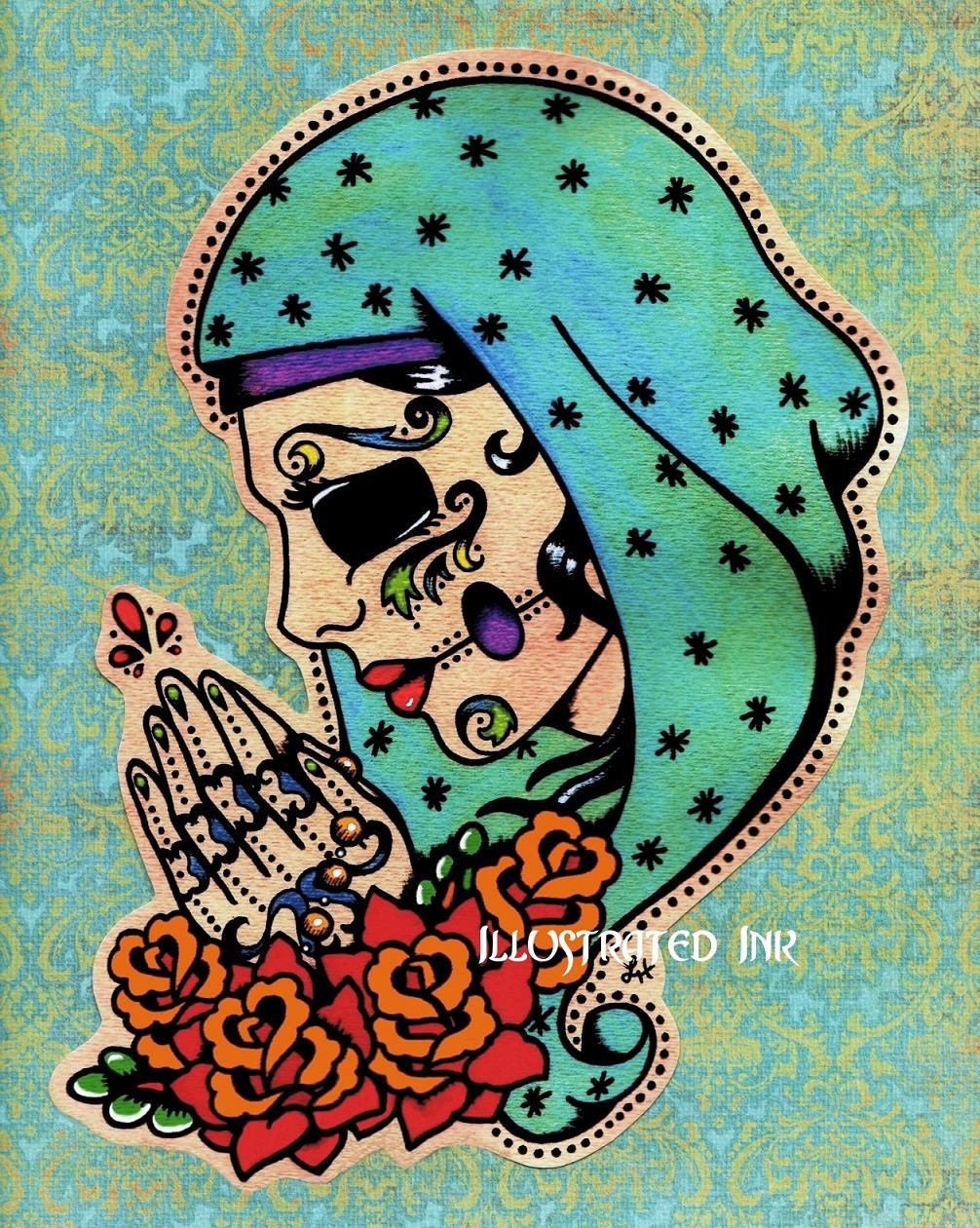 Day of the Dead VIRGIN MARY Dia de los Muertos Art Print 8 x 10